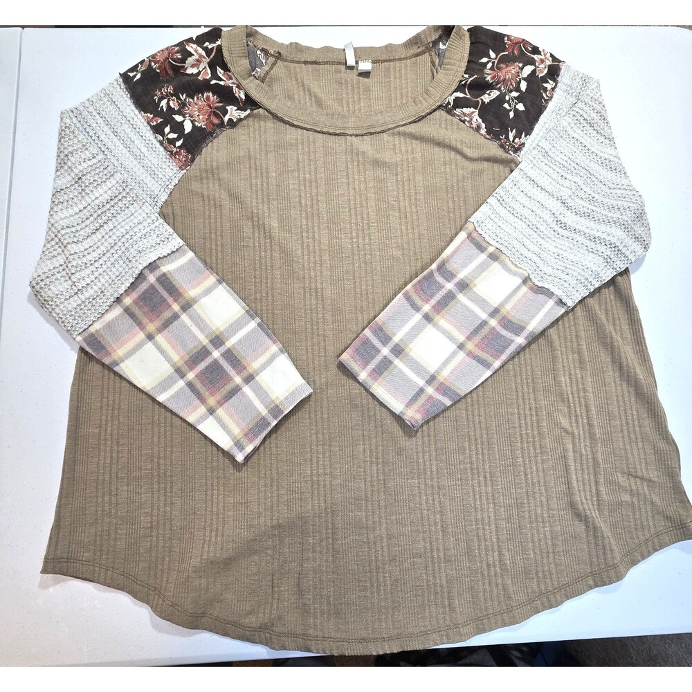 Cato Mixed Patchwork Ribbed Knit Raglan Top Womens 18/20 Boho Artsy Floral Brown